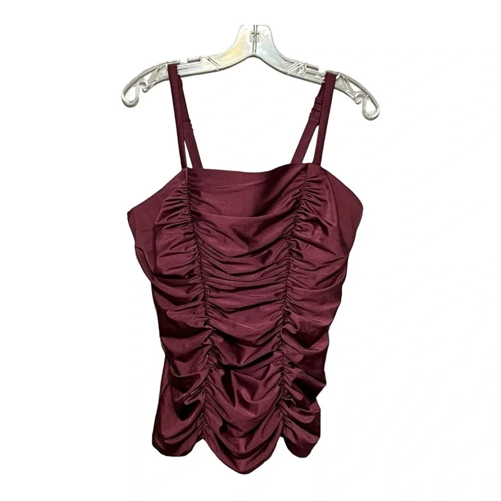 Cacique Burgundy Red Wine Shimmer Tankini Swim Top 16 Ruched Gathered Lined Bra